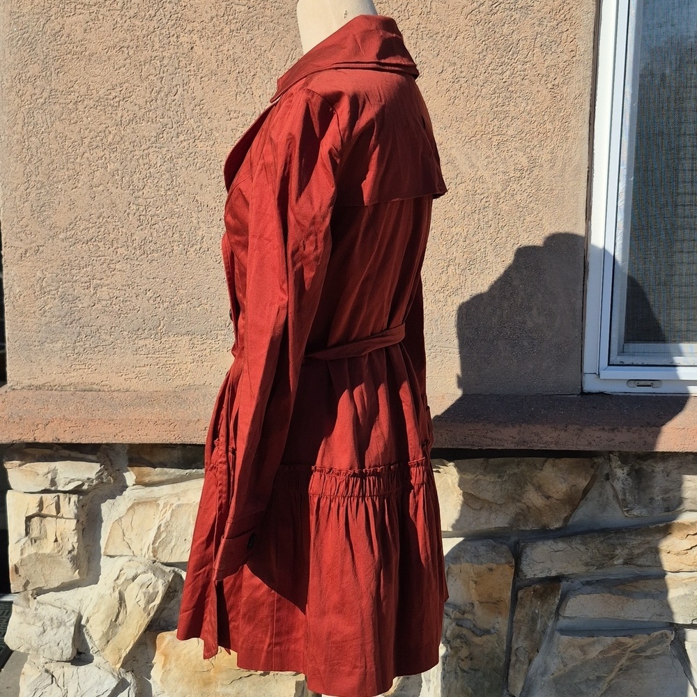 Elle Rust Trench Coat Ruffle Bottom Button Front With Belt Size Small - Picture 3 of 6